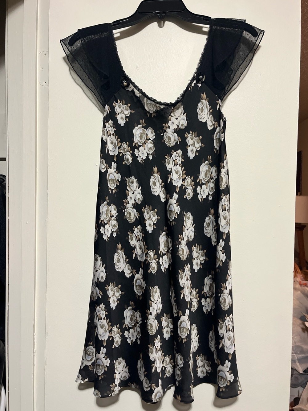 Christian Dior Black Slip Dress Nightgown with White and Cream Rose Print